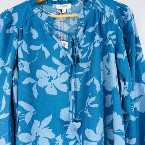 Umgee Blue Teal Floral Notch Neck Balloon Sleeve Tassel Blouse Top New Size S - Picture 7 of 12